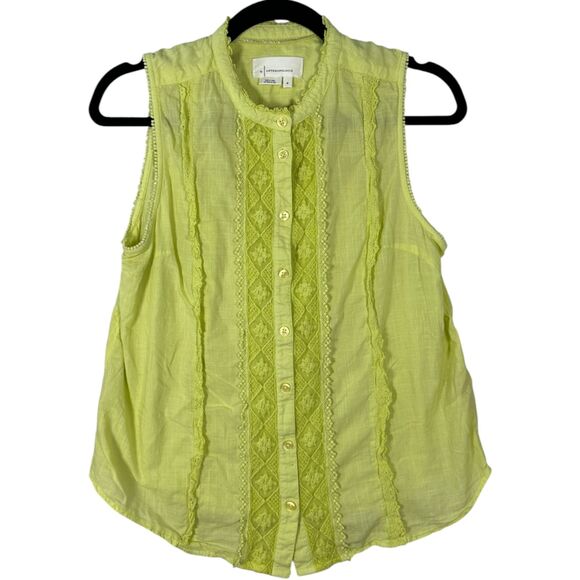 By Anthropologie Yellow Green Lace Trim Button Sleeveless Boho Blouse Medium - Picture 3 of 7